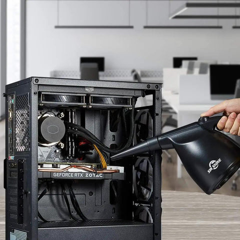 Person using High Power Electric Air Duster For Keyboard And Laptop Cleanup 110000 RPM Blower That Replaces Canned Air on computer case