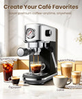 Straight Shooter Semi Automatic Espresso Machine With Reliable Milk Frother For Creamy Lattes And Bold Cappuccinos 20 Bar Pressure No Mess Home Coffee Brewing Kit brewing espresso shots with different coffee types.