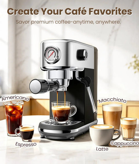 Straight Shooter Semi Automatic Espresso Machine With Reliable Milk Frother For Creamy Lattes And Bold Cappuccinos 20 Bar Pressure No Mess Home Coffee Brewing Kit brewing espresso shots with different coffee types.