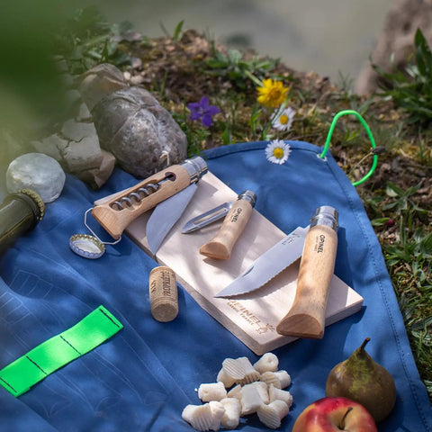 Nomad Camping Kitchen Utensil Kit With Serrated No 12 Folding Knife No 10 Corkscrew Knife No 6 Peeler And Cutting Board outdoors
