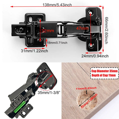 Solid As A Rock 165 Degree Soft Close Cabinet Hinges Gliding Smoother Than Butter For Frameless Kitchen Cupboards and Lazy Susans With Heavy Duty Full Overlay Wardrobe Door Hardware In Satin Nickel Steel Two Pack, showing dimensions and mounting details.