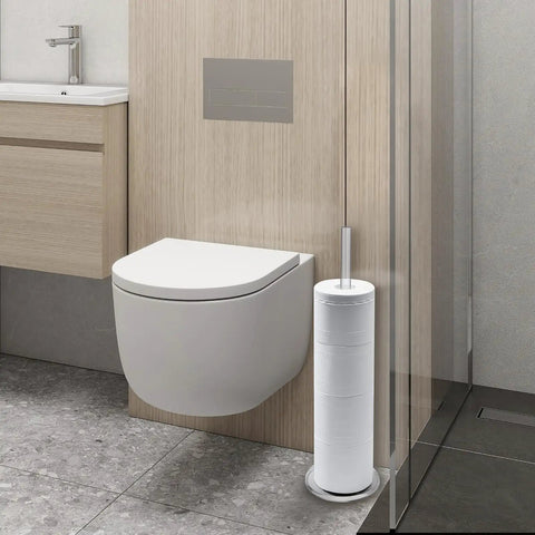 Must Have Freestanding Toilet Paper Holder Stand With Clear Acrylic No Assembly Floor Standing Roll Dispenser For Bathroom Organization Eco Friendly One Piece Tissue Storage next to modern toilet.