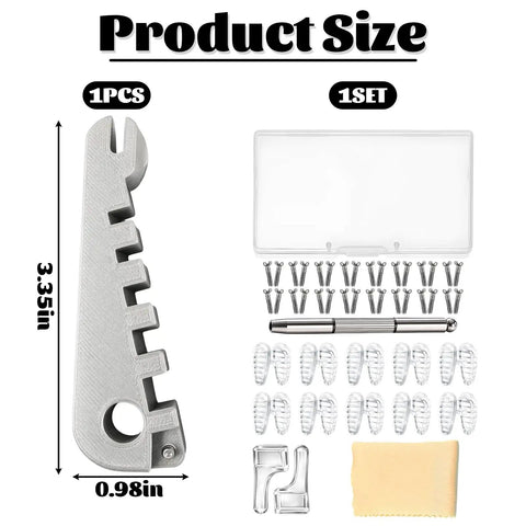 Eyeglass Adjustment Tools Kit For Pro Grade Eyewear Repair With Complete Set shown with dimensions, screws, and tools.