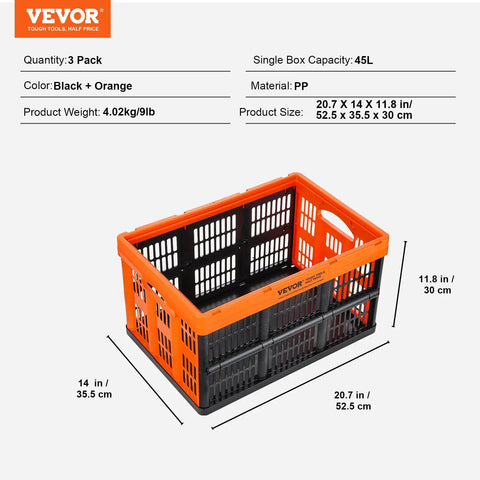 Collapsible 45L Storage Crates Set of 3 With Handles, Go To Stackable Bins For Tools Books Food Drinks Camping And Travel, PP material