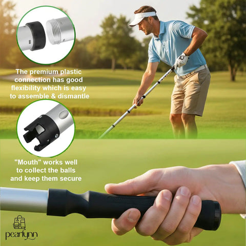 Golfer using Golf Ball Retriever And Picker Upper Tube with Smart Claw, showing detachable features and grip detail.