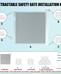 Retractable Baby Safety Gate Replacement Parts Kit White installation overview with parts labeled for stairs doorway use.