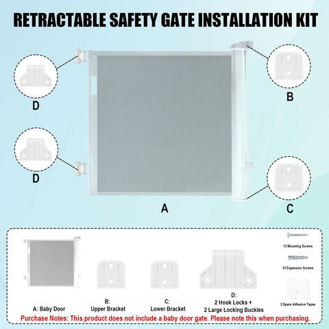 Retractable Baby Safety Gate Replacement Parts Kit White installation overview with parts labeled for stairs doorway use.