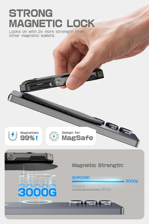 Person attaching MagSafe Wallet With Five Card Slots, RFID Blocking, And Adjustable Stand, Strong Magnetic Hold For Your Phone, on phone