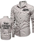 Mens Heavy Duty Mechanic Work Shirt With Custom Crew Logos Heavyweight Cotton Twill Button Up Long Sleeve front and back view in beige.