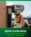 Person using Half Inch Crown Stapler for Insulation Sheathing and Subfloor Install 16 Gauge Nailer outdoors