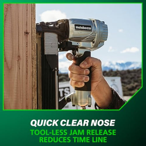 Person using Half Inch Crown Stapler for Insulation Sheathing and Subfloor Install 16 Gauge Nailer outdoors
