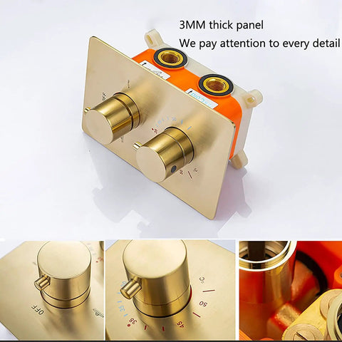 UMJIGF 12 Inch Brushed Gold Shower System Thermostatic Shower Faucet Set control panel with brass knobs, 3mm thick panel.