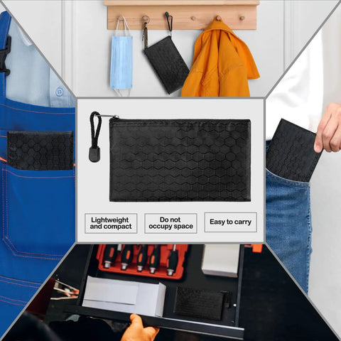 Black Oxford pouch for One Handed Precision Screwdriver Set shown in various usage scenarios, highlighting portability.