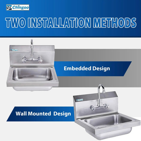 Durable 304 Stainless Steel Hand Sink With Wall Mount Faucet Workhorse Commercial Grade Restaurant Kitchen Sink For Outdoor And Home Use Large Fourteen By Ten Inch Bowl With Five And A Half Inch Depth Seventeen By Fifteen Inches showing embedded and wall-mounted designs