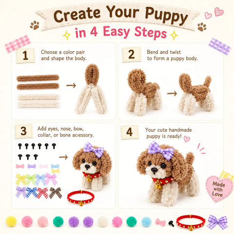 Extra Long Fluffy Chenille Pipe Cleaners Craft Kit 57-Piece Set With Colors, Noses, Eyes, Pom Poms, Collars, Bows And Decor Accessories For Totally Kid Friendly DIY Puppy And Animal Art Projects. Puppy craft steps