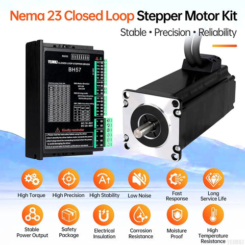 Front view of Nema 23 closed-loop stepper motor kit with BH57 driver; black driver unit and silver-front motor.