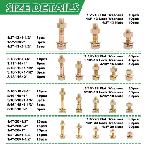 Size details of Beefy 702-Piece Grade 8 Nuts And Bolts Set with hex head cap bolts, washers, SAE threads, yellow zinc plated.