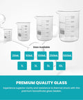 Assorted sizes of borosilicate glass beakers with large markings, including Low Form Beakers With Extra Large Marking 50 mL 3.3.