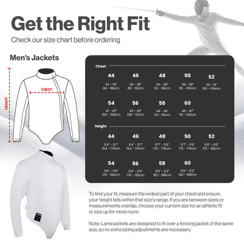 Men's 350N Fencing Jacket Pro-Grade Protection Breathable Lightweight Stretch Uniform size chart with fitting guide