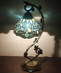 Sea Blue Tiffany Style Dragonfly Stained Glass Desk Lamp With Metal Leaf Base Reading Light For Bedside And Home Office