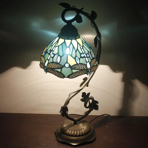 Sea Blue Tiffany Style Dragonfly Stained Glass Desk Lamp With Metal Leaf Base Reading Light For Bedside And Home Office