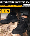 Man wearing black Waterproof Steel Toe Boots For Men 6 Inch Comfort Fit Work Boots With Tough As Nails Indestructible Steel Toe on dirt trail