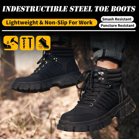 Man wearing black Waterproof Steel Toe Boots For Men 6 Inch Comfort Fit Work Boots With Tough As Nails Indestructible Steel Toe on dirt trail