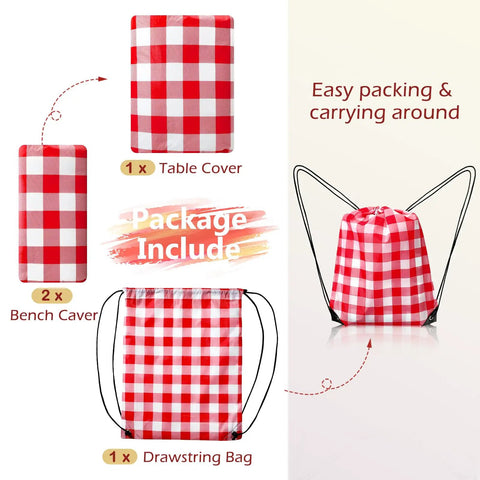Picnic Table Cover With Bench Covers And Bag Red Waterproof Heavy Duty Vinyl 72 By 30 Inches With Elastic Edges 3 Pack Camping Essentials