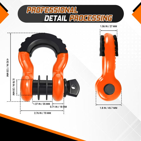 Two Pack D Ring Shackles 3/4 Inch Heavy Duty Tow Shackles With 7/8 Inch Screw Pin And Black Isolator Washer For Off Road Jeep And Truck Recovery 42,000 Lb Break Strength, measurements annotated