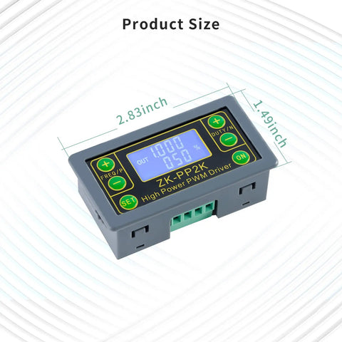 Front view of Plug-and-Play PWM Pulse Generator For Motor Speed Control With LCD Readout showing 2.83 by 1.49-inch dimensions