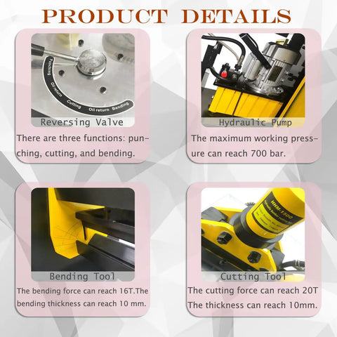 Heavy Duty Electric Hydraulic Busbar Processor Cutter 900W Motor And 700 Bar Pressure features reversing valve and hydraulic pump details.