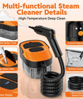 Heavy Duty Handheld Steam Cleaner Delivers 15 Second Rapid Heatup For Crushing Stubborn Grime On Tile Grout Hardwood And Car Seats Featuring 1.6 Liter Water Tank And Complete Tool Set For Straight Up No Sweat Cleaning showing 1600ml tank, steam hose, and adjustable features.