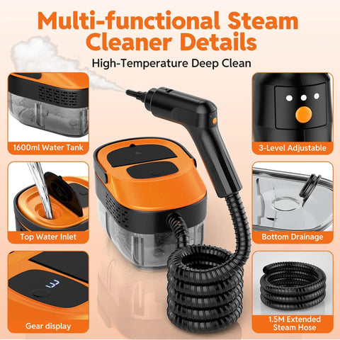 Heavy Duty Handheld Steam Cleaner Delivers 15 Second Rapid Heatup For Crushing Stubborn Grime On Tile Grout Hardwood And Car Seats Featuring 1.6 Liter Water Tank And Complete Tool Set For Straight Up No Sweat Cleaning showing 1600ml tank, steam hose, and adjustable features.