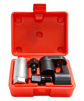 Master Crafted Five Piece O2 Oxygen Sensor Socket Kit With Offset 6 Point Low Profile Head And Sharp Thread Chaser For No Sweat Exhaust Removal In Grease Monkey Friendly Tight Spots Using Any Standard Ratchet in a red case.