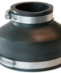 4 In To 2 In Flexible PVC Reducing Coupling For Drain Lines, black pipe reducer connector with metal clamps, close-up view