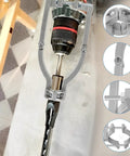 Heavy Duty Square Hole Drill Bit Adapter With Four Precision Bits, Pro Level Mortising Attachment For Drill Press, Tool Free Quick Mount Bracket, showcasing the clamp and bit setup.