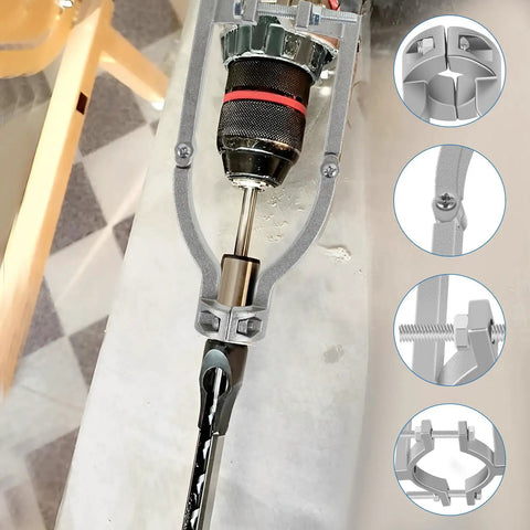 Heavy Duty Square Hole Drill Bit Adapter With Four Precision Bits, Pro Level Mortising Attachment For Drill Press, Tool Free Quick Mount Bracket, showcasing the clamp and bit setup.