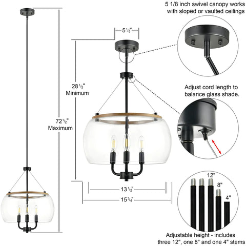 Orono 3 Light On Trend Modern Farmhouse Black Pendant Ceiling Light with Wood Accent dimensions and features