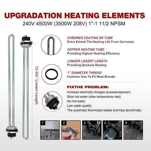 Water Heater Tune Up Kit With Dual 4500W 240V Elements features chromed copper tube and 1-inch thread, improves heating efficiency.