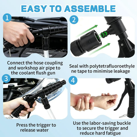 Step-by-step assembly guide for Lever Action Coolant Flush Gun And Heater Core Bleeder Kit With Hose Adapter Set for automotive use.
