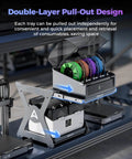 Rock Solid CFS Workstand for 3D Printing with dual-layer pull-out design, holding filament spools and printers, space-saving solution.