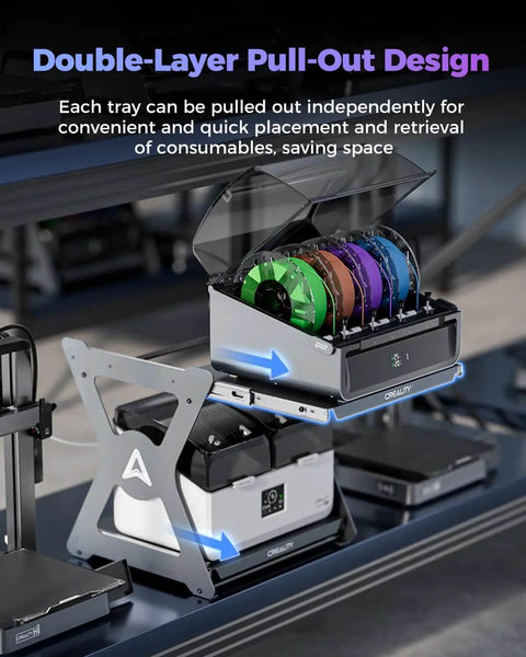Rock Solid CFS Workstand for 3D Printing with dual-layer pull-out design, holding filament spools and printers, space-saving solution.