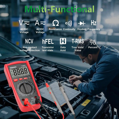 Technician using Pro Grade Digital Multimeter 1000V AC DC Manual Range Tester For Voltage, LCD Display in auto repair.