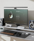 Home office desk setup with dual monitors, keyboard, mouse, USB docking station and Tiny Desk Soundbar 2.0 Computer Speakers USB Powered Bluetooth