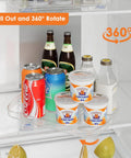 Clear Lazy Susan For Refrigerator And Pantry Cabinet Two Pack 360 Degree Rotating Pull Out Turntable Organizer with drinks and yogurt