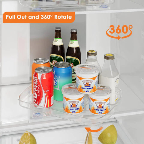 Clear Lazy Susan For Refrigerator And Pantry Cabinet Two Pack 360 Degree Rotating Pull Out Turntable Organizer with drinks and yogurt