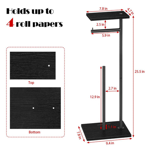Freestanding Toilet Paper Holder With Shelf And Wood Base Black Finish Sturdy Stand For Mega Rolls Reserve Paper Storage Bathroom Organizer Easy Move No Drill Keeps Your Tissues Handy And Neat
