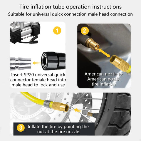 Heavy Duty Tire Inflation Hose Rock Solid Screw Lock Connector showing hookup instructions for tire inflation use.