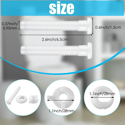 No Sweat Toilet Seat Screw Kit Featuring Heavy Duty Plastic Bolts And Tight Locking Nuts For Quick Bathroom Fixes, showing bolt sizes.