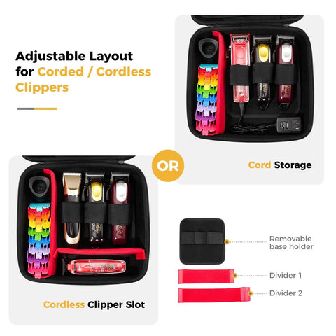 Hard Shell Barber Travel Case For Clippers And Grooming Gear, Adjustable DIY Dividers To Fit 3 To 4 Clipper Sets Open View